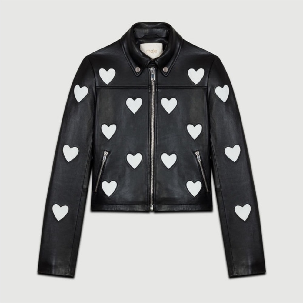 MAJE Black & White Heart Embroidered Leather Jacket EU 36 fits XS/S